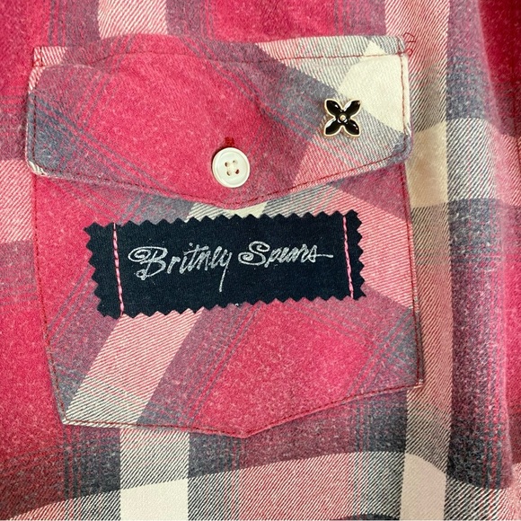 Britney Spears Flannel Shirt Unisex Large Red Plaid Button Down Handmade Upcycle - Picture 4 of 13